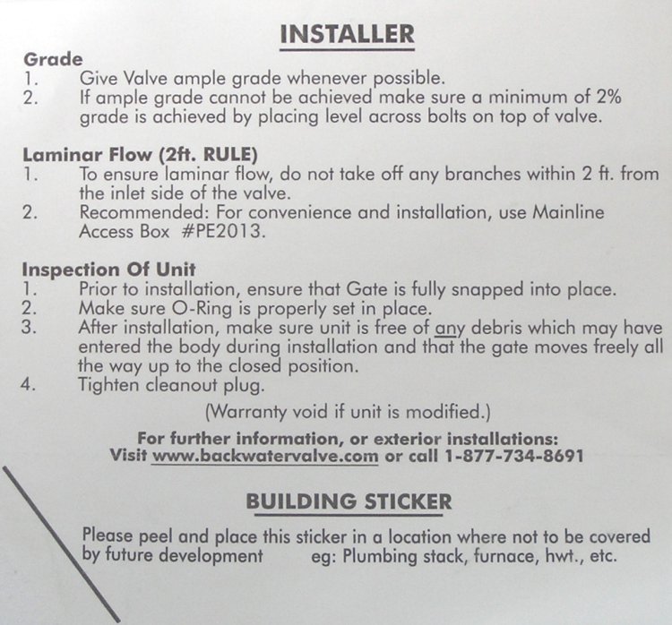 backwater valve installation instructions for installer